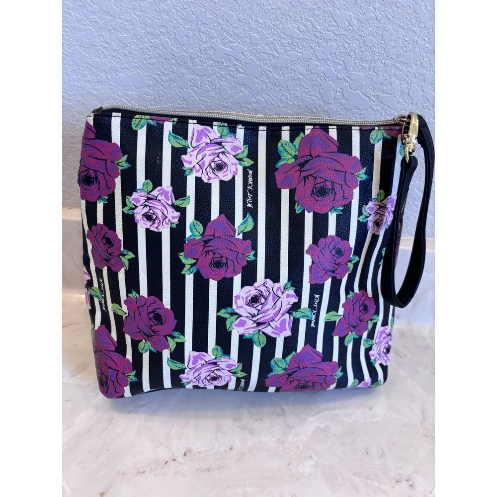 Betsy Johnson Wristlet Clutch Handbag Purse Makeup Medium Stripe Roses Studded - Picture 6 of 14